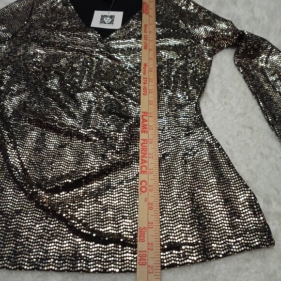 Anne Klein Women's Gold Sequin Deep V Long Sleeve Blouse Size S - Picture 5 of 10